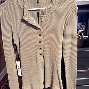 ASKK NY Olive Waffle-Knit Henley Long Sleeve Top